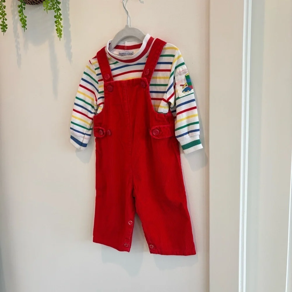 OshKosh B'Gosh Vintage 80's Rainbow Striped Mock Neck 18 mos Shirt Red Overalls